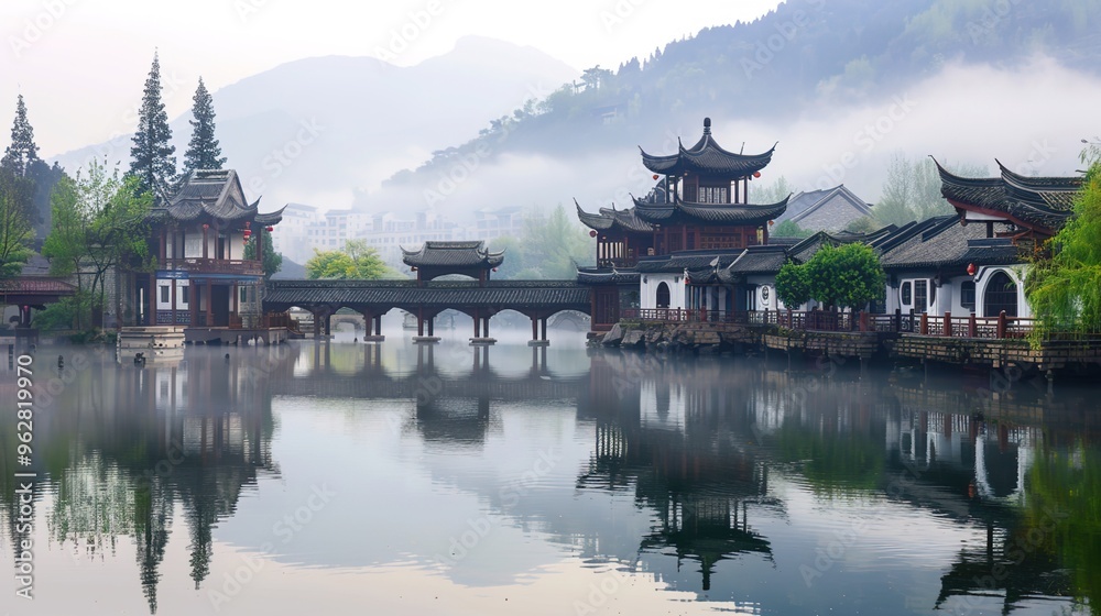 Naklejka premium Immerse yourself in the tranquility of a picturesque landscape adorned with timeless traditional architecture and cultural symbols.