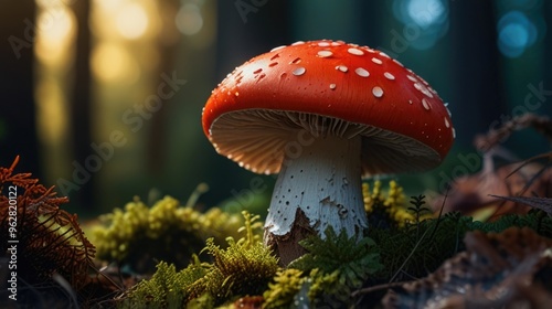 a vibrant red and white mushroom cap in the forest