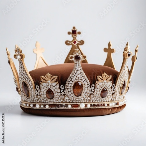 golden crown with brown cushion leadership authority isolated on white background