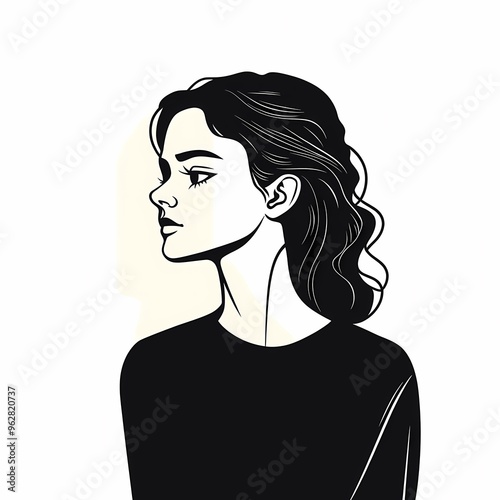 A minimalist line drawing of a woman with long dark hair, looking to the side, with a soft, muted background.