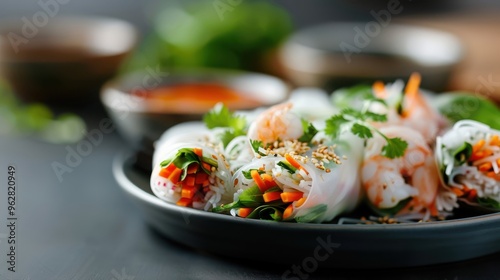 A Vietnamese summer roll with fresh herbs, shrimp, vermicelli noodles, and sliced radishes.