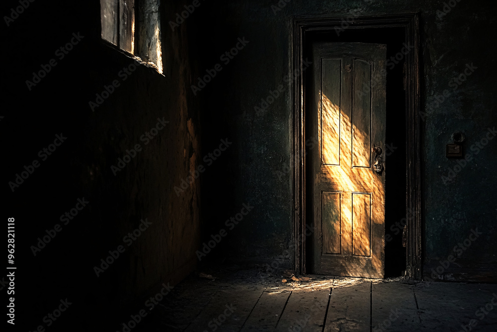 In a dark room, the only light comes from a cracked door, symbolizing a yearning for escape In a dark room, the only light comes from a cracked door, symbolizing a yearning for escape