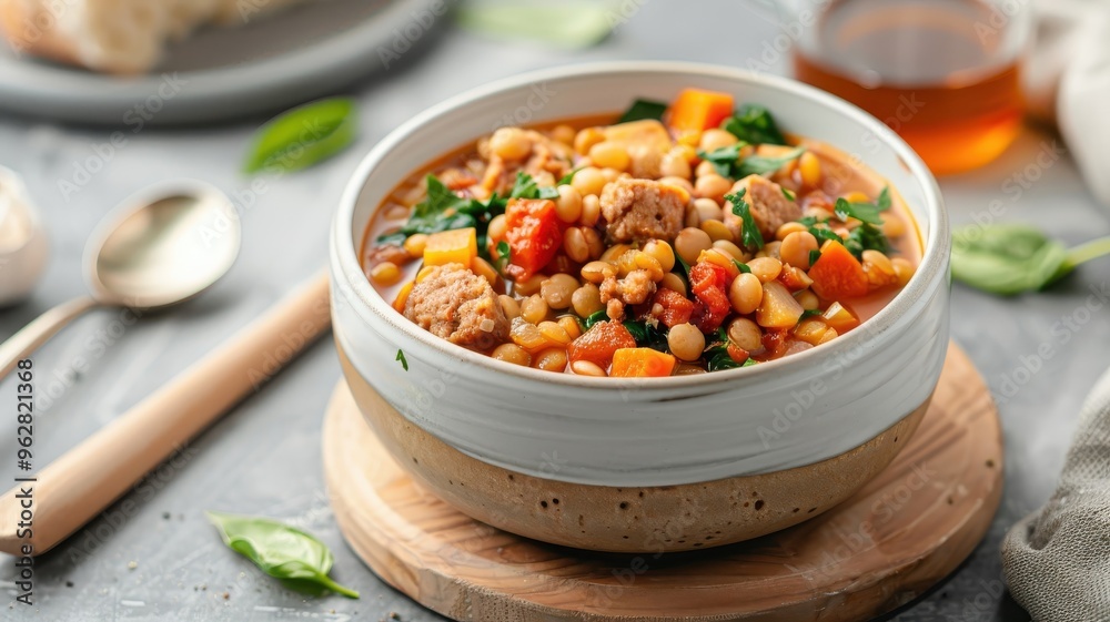 A bowl of lentil soup simmered with spicy chorizo sausage, lentils, and vegetables. A bowl of lentil soup simmered with spicy chorizo sausage, lentils, and vegetables.