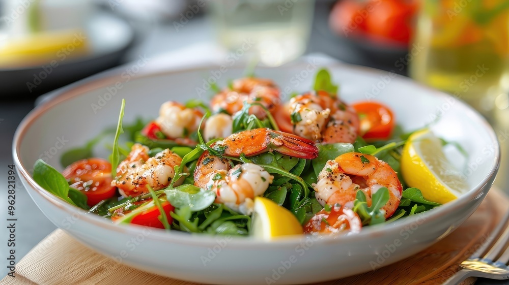 A colorful lobster salad with fresh greens, tomatoes, and lemon vinaigrette.