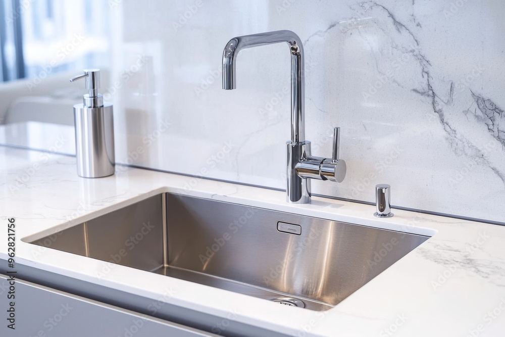 A modern kitchen sink with a sleek faucet and soap dispenser on a marble countertop. A modern kitchen sink with a sleek faucet and soap dispenser on a marble countertop.