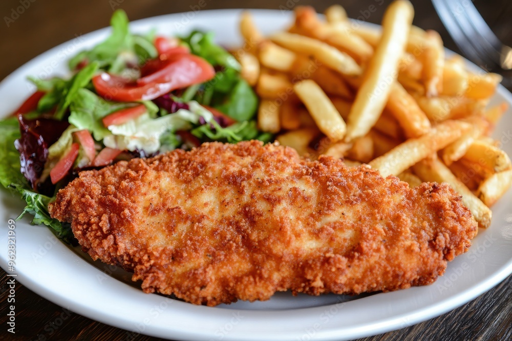 Crispy chicken schnitzel with flavorful cheese, accompanied by crunchy fries and a fresh garden salad. Timeless favorite dish showcasing crunchy chicken, tasty cheese, ideal sides, and crisp greens Crispy chicken schnitzel with flavorful cheese, accompanied by crunchy fries and a fresh garden salad. Timeless favorite dish showcasing crunchy chicken, tasty cheese, ideal sides, and crisp greens