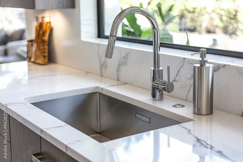 A modern kitchen sink area featuring a sleek faucet, stainless steel basin, and marble countertop for functional elegance. A modern kitchen sink area featuring a sleek faucet, stainless steel basin, and marble countertop for functional elegance.