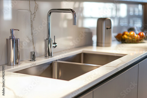 A modern kitchen sink area featuring a sleek faucet, soap dispenser, and a bowl of fruit in the background.