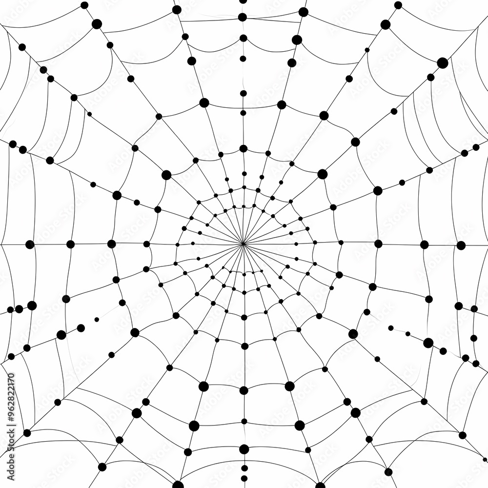 Obraz premium A black and white illustration of a spider web with black dots at the intersections.