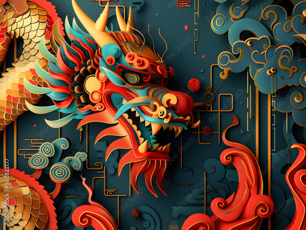 Obraz premium Colorful illustration with attributes of Chinese New Year celebration. Neural network AI generated art