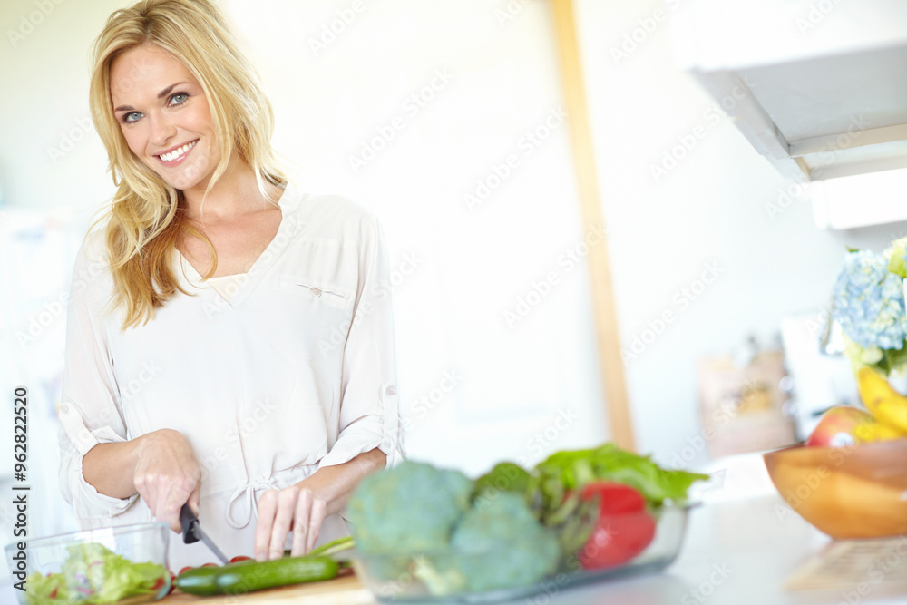 Salad, portrait and woman in kitchen with smile, lunch or food for gut health, digestion or weight loss. Green vegetables, nutrition or girl in home with cooking, meal prep or diet wellness in Sweden