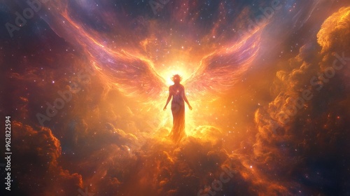 A celestial being with fiery wings soars through a nebula of swirling, vibrant gas.