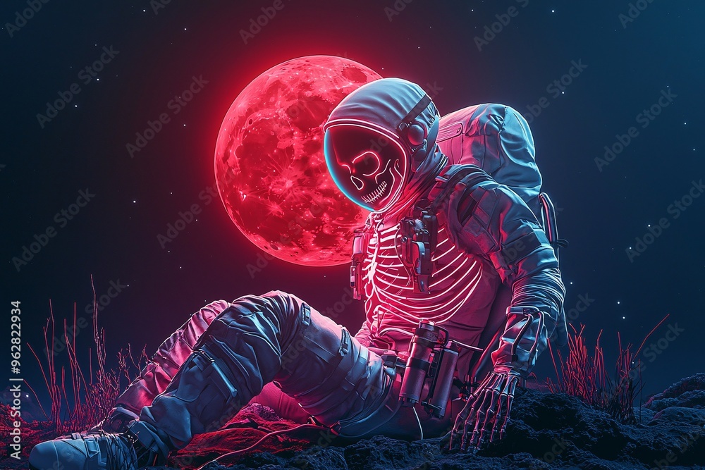 A glowing, neon skeleton dressed in space gear explores an alien landscape under a red moon, with room for copy space in the sky.
