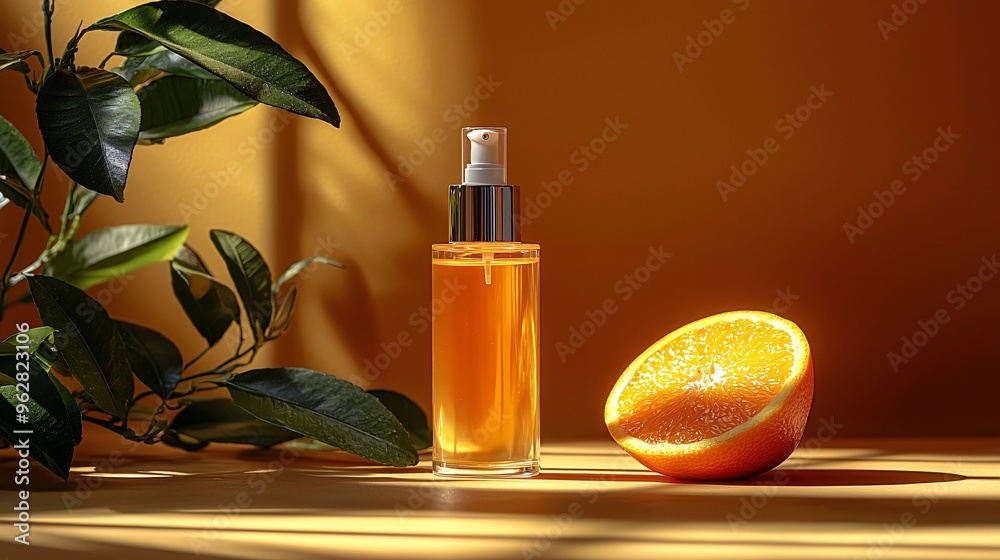 A fresh and natural scene of a skincare cream bottle next to an orange, with soft lighting creating gentle shadows. A fresh and natural scene of a skincare cream bottle next to an orange, with soft lighting creating gentle shadows.