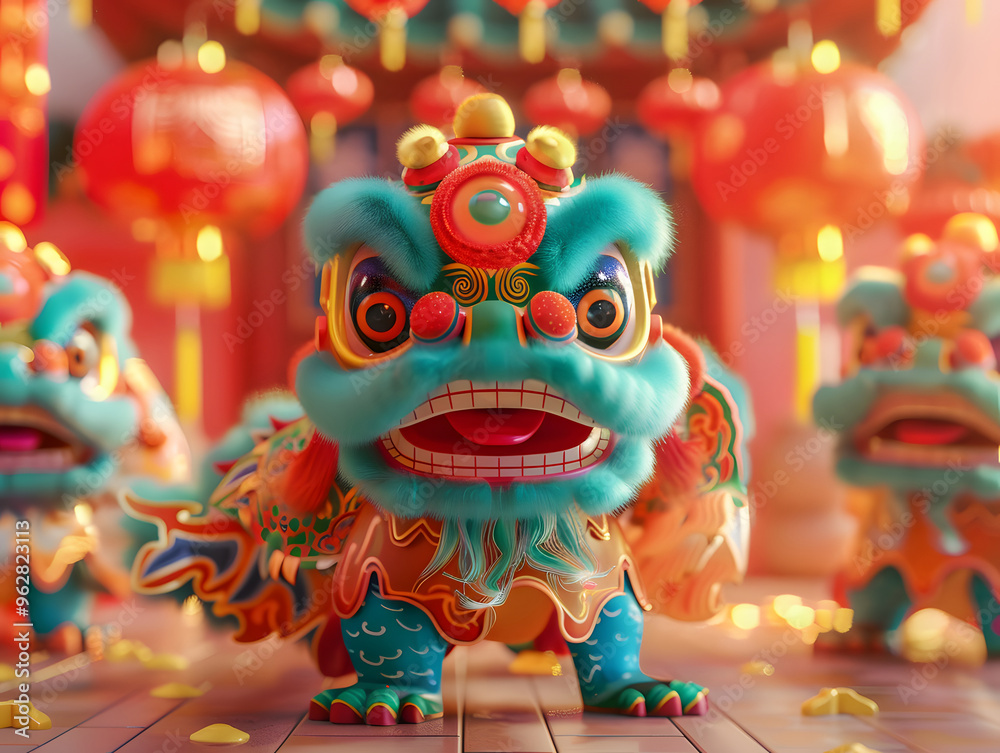 Fototapeta premium Colorful illustration with attributes of Chinese New Year celebration. Neural network AI generated art