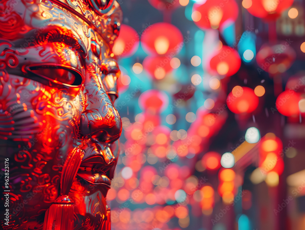 Fototapeta premium Colorful illustration with attributes of Chinese New Year celebration. Neural network AI generated art