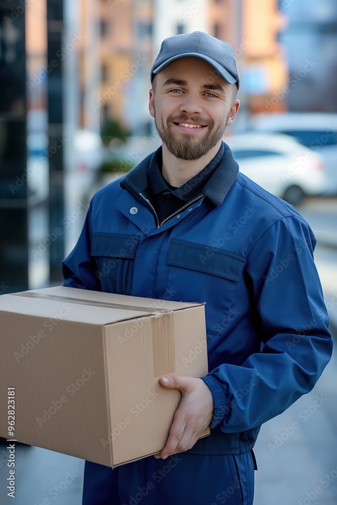 Delivery worker in uniform holds big brown cardboard box on urban street. Friendly man smiles at camera with gray cap and blue uniform. Cars parked along sidewalk in city setting. Delivery worker in uniform holds big brown cardboard box on urban street. Friendly man smiles at camera with gray cap and blue uniform. Cars parked along sidewalk in city setting.
