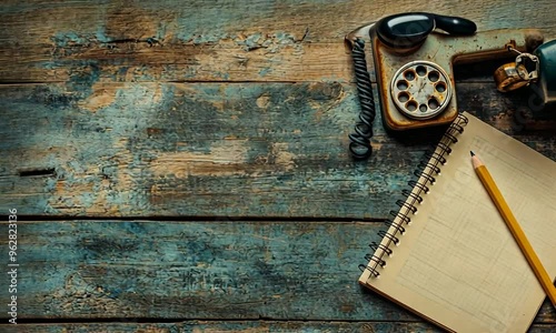 Vintage Phone and Notebook on Wooden Background