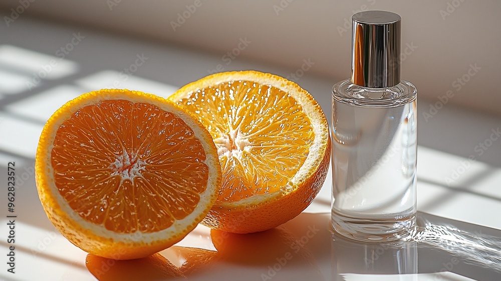 An orange sliced in half, positioned next to a bottle of skincare cream, all set against a bright white background.
