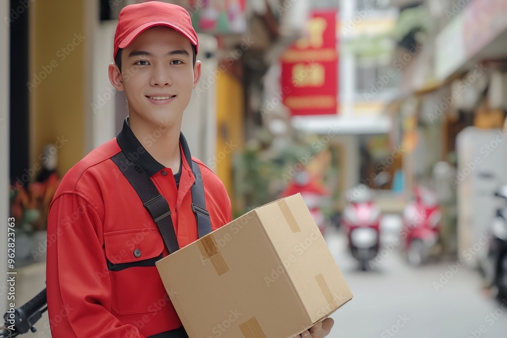 Young delivery worker stands on street holding large brown box. Man wears vibrant red shirt and matching cap. Background shows buildings with red and white sign. Motorcycle parked nearby. Young delivery worker stands on street holding large brown box. Man wears vibrant red shirt and matching cap. Background shows buildings with red and white sign. Motorcycle parked nearby.