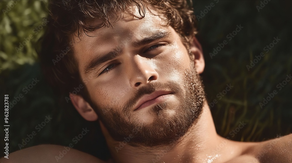 A shirtless man laying in the grass with his eyes closed