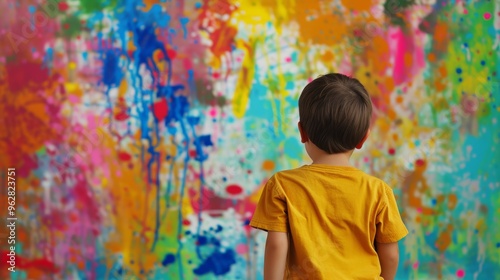 A young boy wearing a yellow shirt stands in front of a vibrant, abstract mural, gazing at the splashes of bright colors and artistic expressions. The image captures the wonder and curiosity of