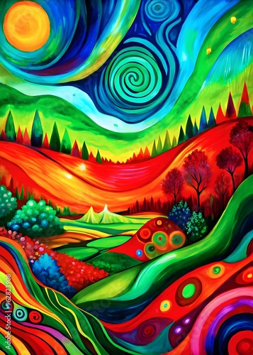 Vibrant Abstract Landscape Colorful Swirling Hills Trees Sun Shapes Nature Art