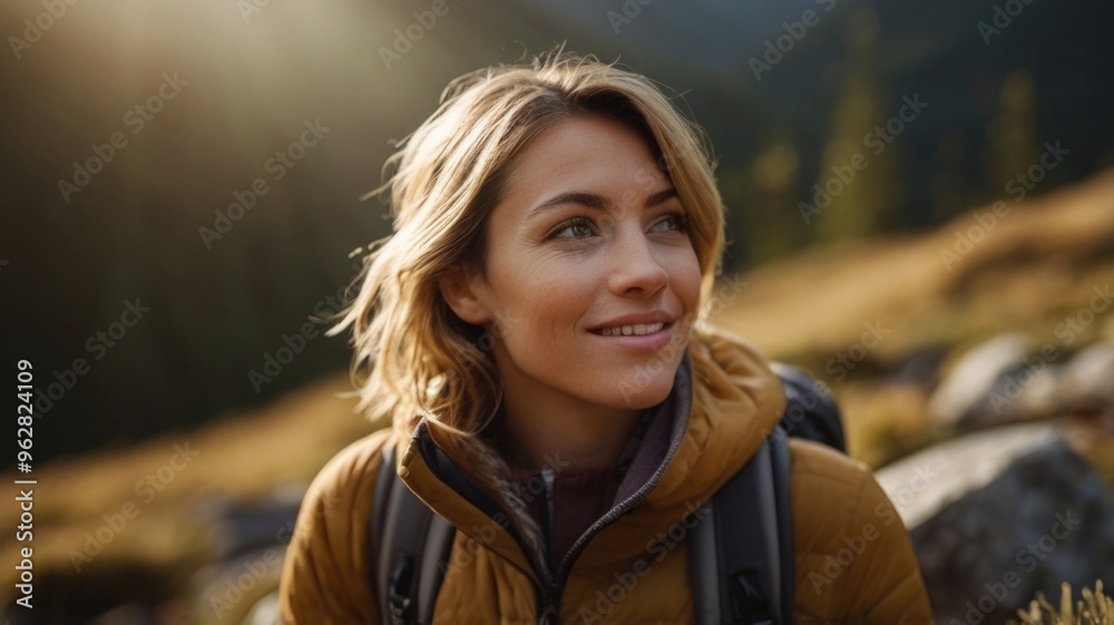 A woman enjoys in view while taking a break while hiking in nature A woman enjoys in view while taking a break while hiking in nature
