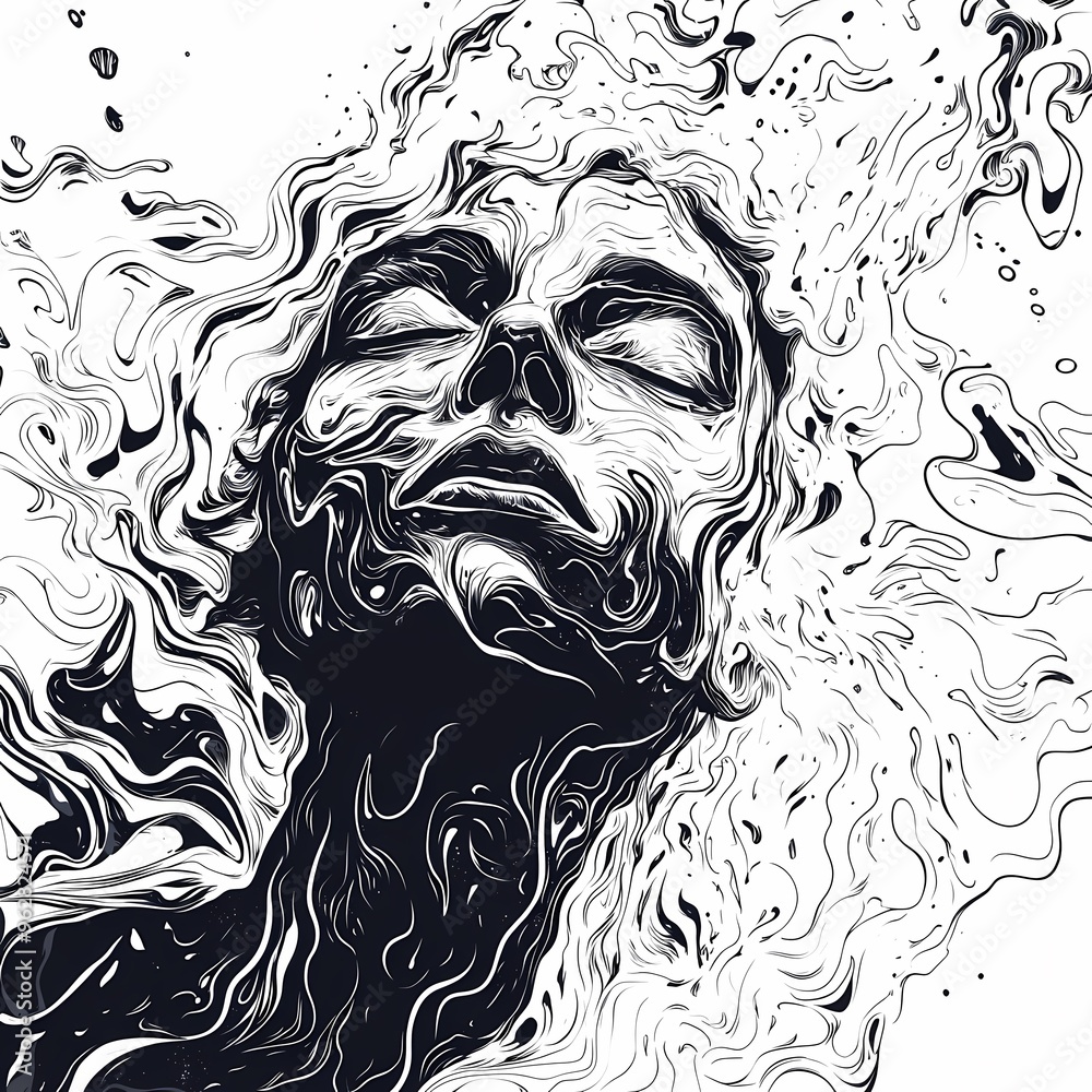 Abstract black and white illustration of a woman's face surrounded by flowing lines, creating a sense of movement and energy.