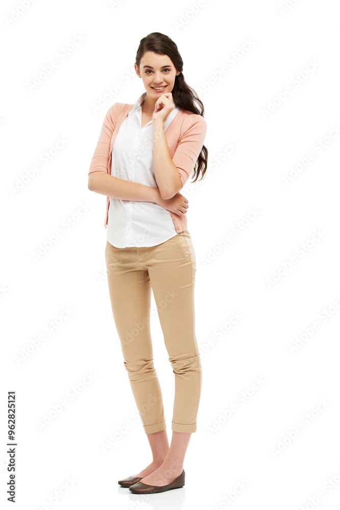 Thinking teacher, smile and portrait of woman in studio for idea or decision in Germany. Happy, person and tutor planning lesson for education, learning or fashion isolated on white background space Thinking teacher, smile and portrait of woman in studio for idea or decision in Germany. Happy, person and tutor planning lesson for education, learning or fashion isolated on white background space