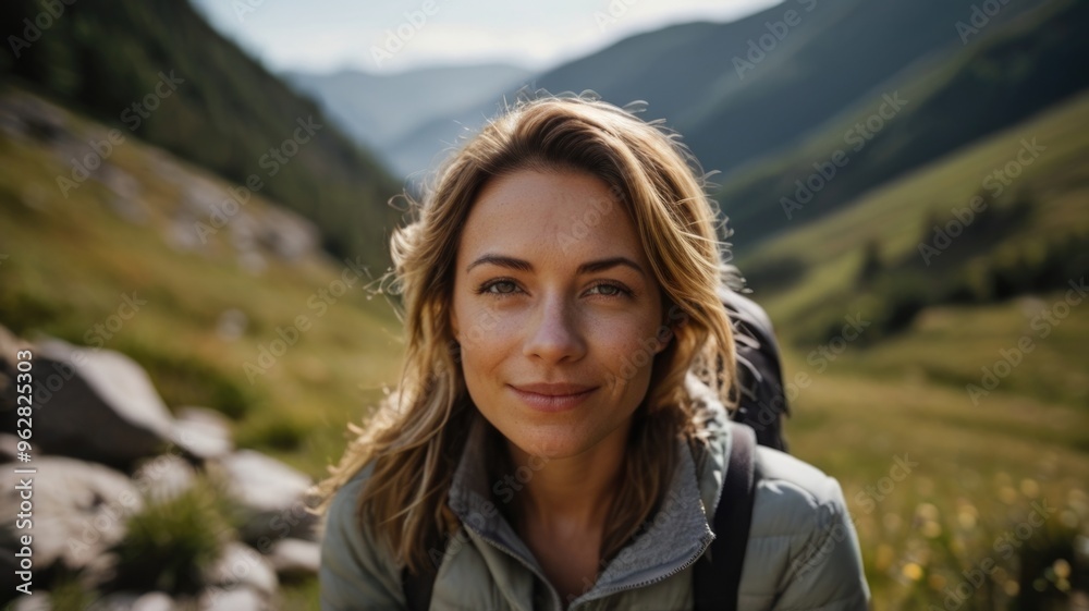 A woman enjoys in view while taking a break while hiking in nature A woman enjoys in view while taking a break while hiking in nature