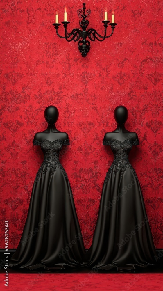 Naklejka premium Halloween elegance fashion backdrop, pink gold Catrina models in evening gowns, 3D illustration