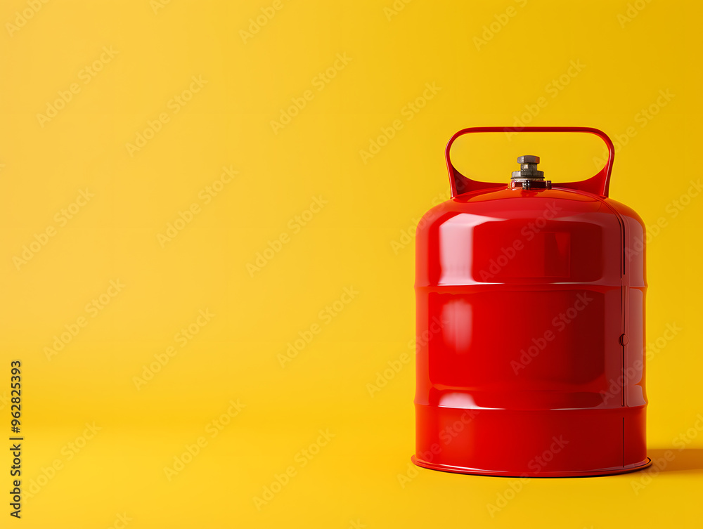 Red metal fuel canister on yellow background. Neural network AI generated art Red metal fuel canister on yellow background. Neural network AI generated art