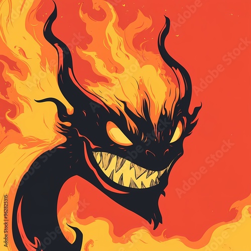 A cartoon demon with flames for hair and a menacing grin, against a red background.