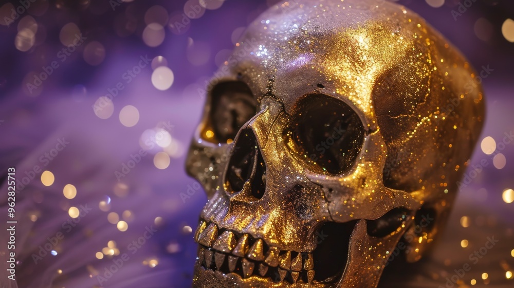 A gold glittered skull set against a purple bokeh background. This image blends luxurious and macabre elements, creating a captivating and festive visual.