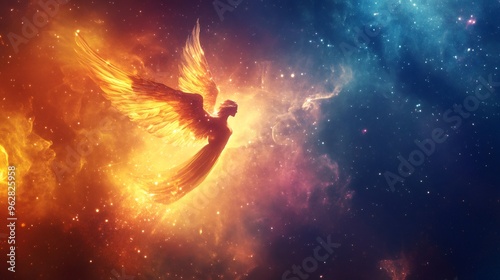 A celestial being with wings of fire soars through a field of stars and nebulae, emanating a warm, golden glow.