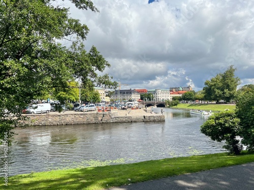 A beautiful cityscape by the river in the park in Gothenburg, Sweden
