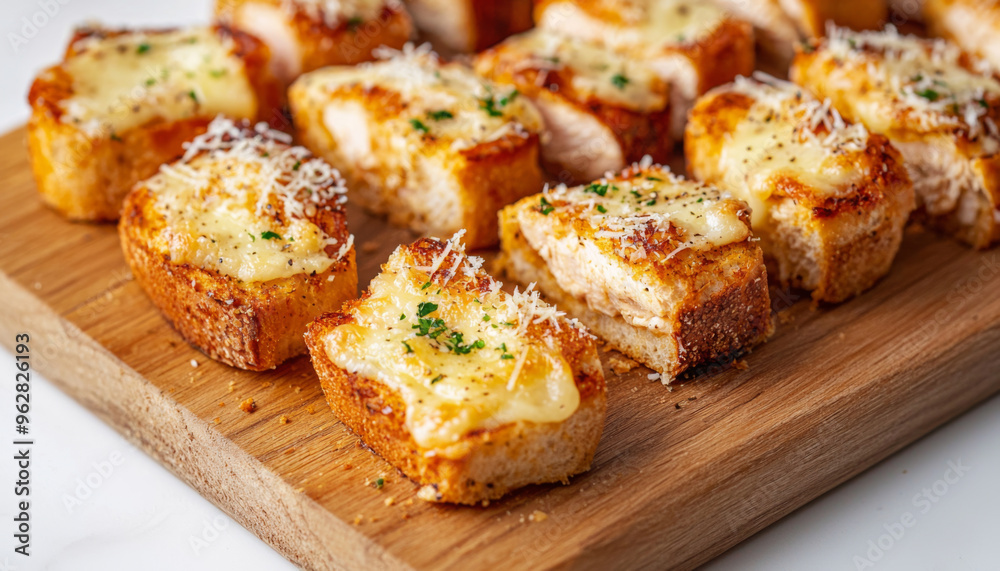A wooden platter filled with deliciously baked cheese-topped bread slices, garnished with herbs.
