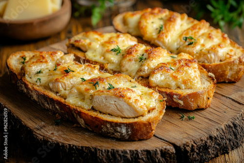 A delicious plate of cheesy chicken toast on a wooden board, garnished with herbs. Perfect for a hearty meal.