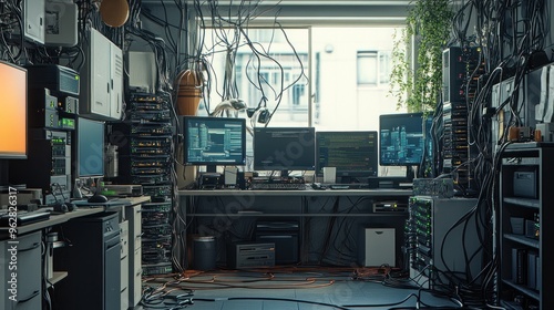 Server Room with Messy Cables and Technology
