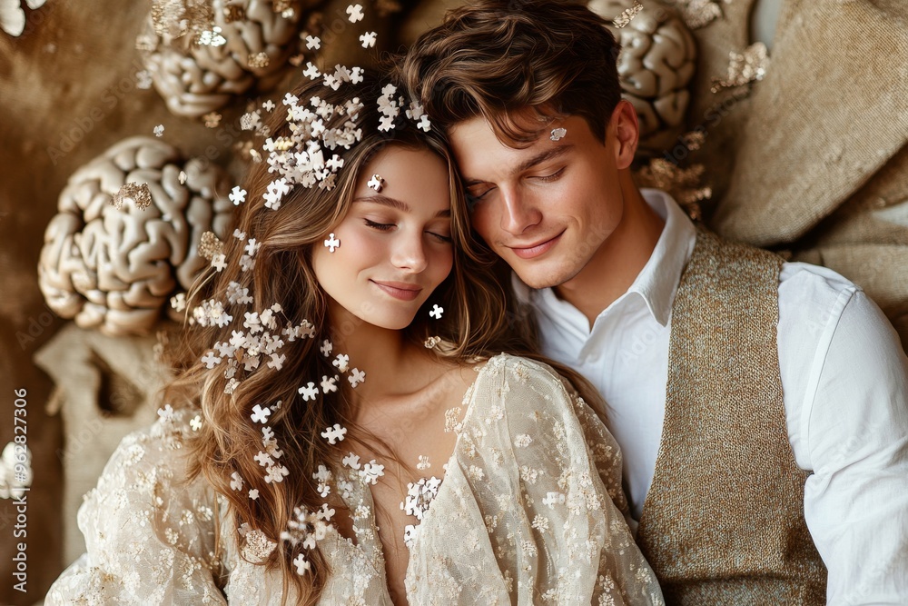 Neuro wellness Brain connectivity Romantic photograph of a couple surrounded by brain like patterns symbolizing emotional closeness and intellectual harmony Neuro wellness Brain connectivity Romantic photograph of a couple surrounded by brain like patterns symbolizing emotional closeness and intellectual harmony