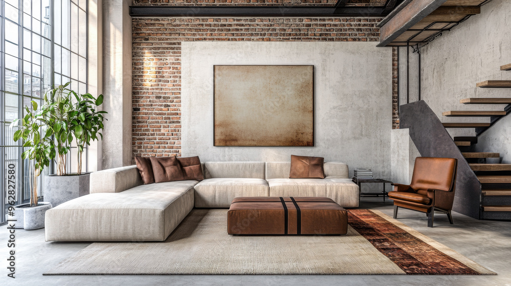 Obraz premium Luxury apartment living room with rustic mood, warm ambiance and natural window lighting. Modern industrial Real Estate interior design composition