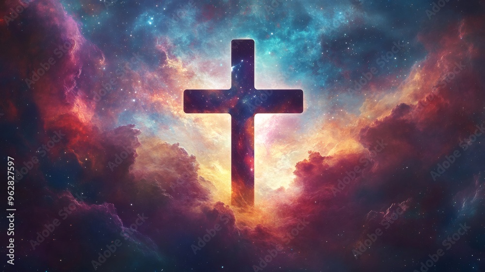Fototapeta premium A cross-shaped silhouette stands out against a vibrant backdrop of a celestial nebula, symbolizing faith and hope in the vastness of space.