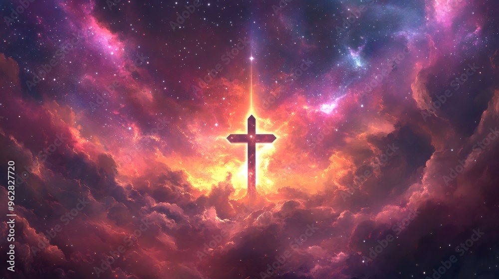 A cross shines brightly in a deep space nebula, surrounded by swirling clouds and stars. A cross shines brightly in a deep space nebula, surrounded by swirling clouds and stars.