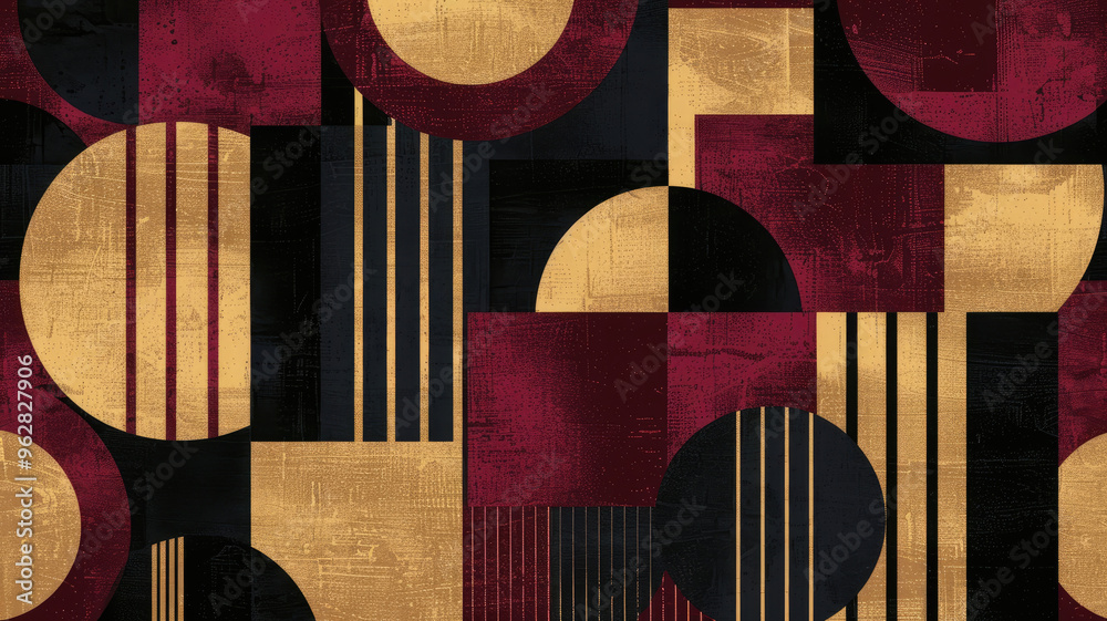 Abstract Bauhaus style seamless pattern with geometric shapes featuring circles, squares and lines in maroon, gold and black Abstract Bauhaus style seamless pattern with geometric shapes featuring circles, squares and lines in maroon, gold and black