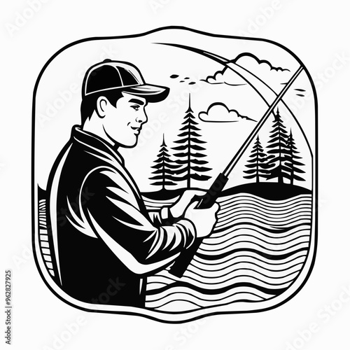 Man fishing in a lake with trees in a cartoon style on a white background