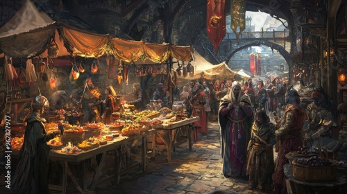 Bustling Fantasy Marketplace with Lively Vendor Stalls and Crowds