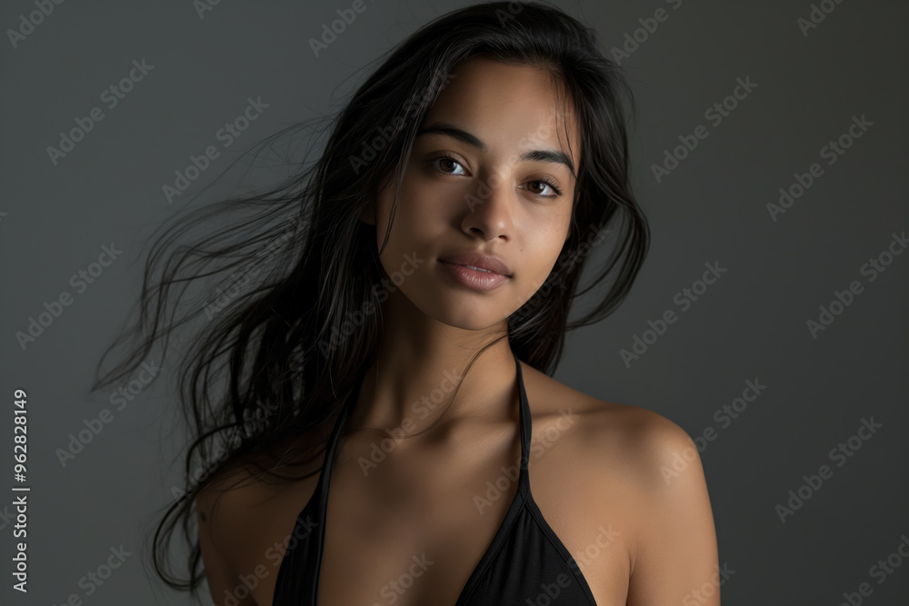 Gorgeous female glamour model with long black hair and a black bikini top is posing for a photo in a studio Gorgeous female glamour model with long black hair and a black bikini top is posing for a photo in a studio