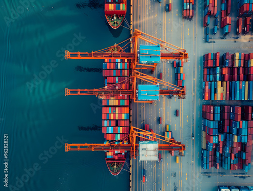 Cargo ship with containers unloading at the berth of the cargo port. Neural network AI generated art