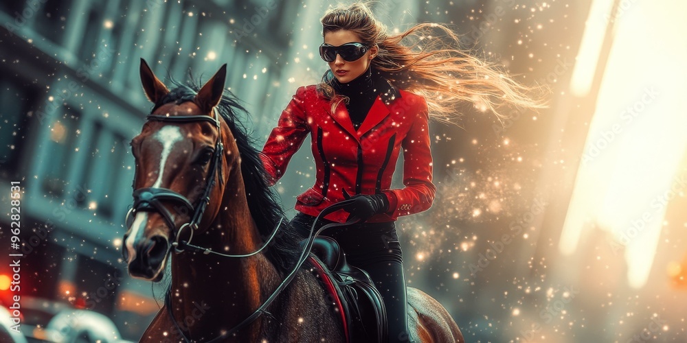 Woman in red riding a horse in snowy city. Woman in red riding a horse in snowy city.